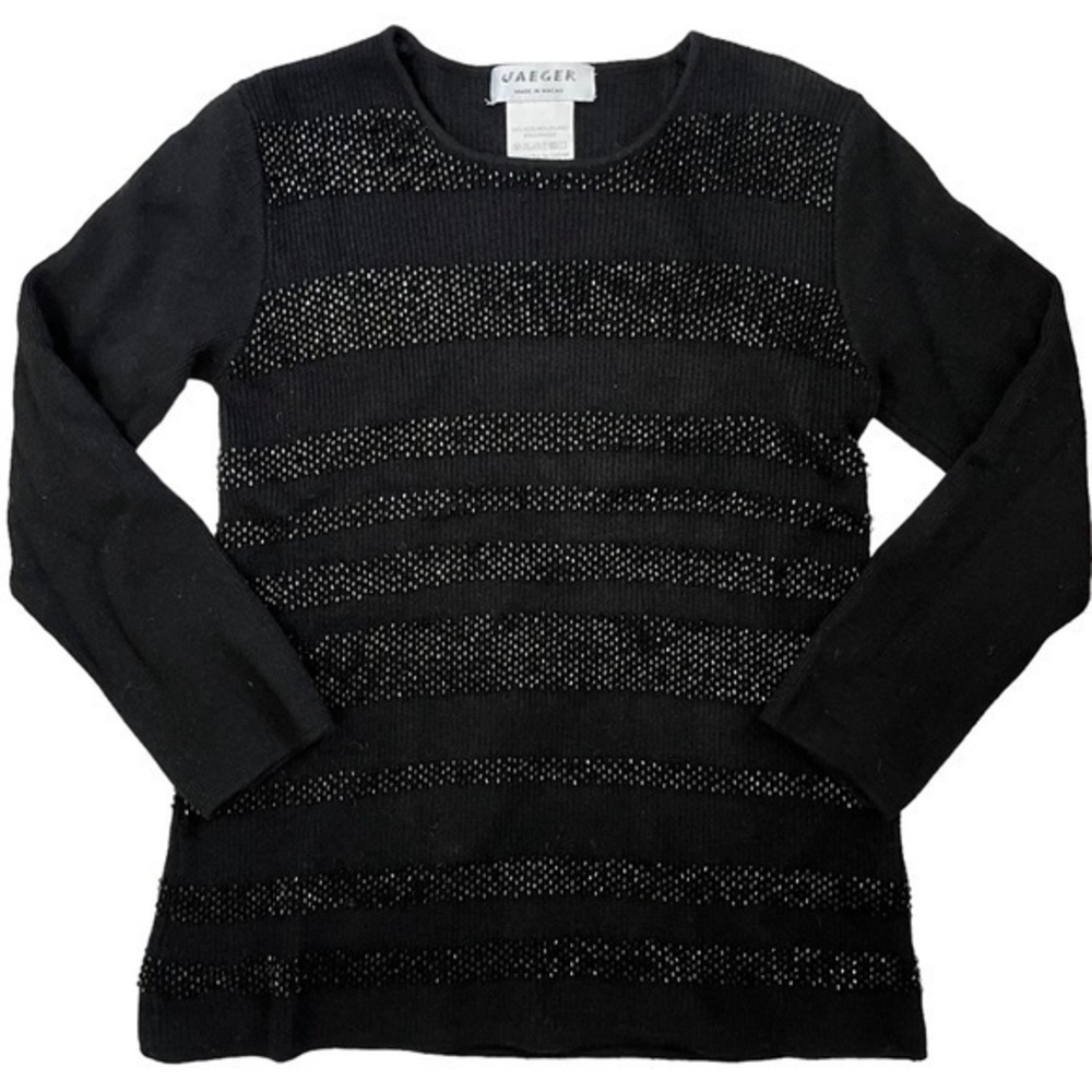 Jaeger London Vintage Black Wool Beaded Stripes Women’s Pullover Sweater
